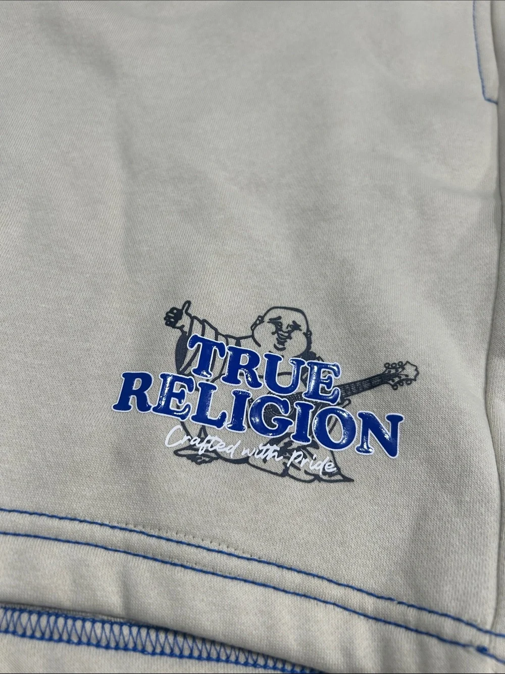 True Religion Cream Shorts with Blue Drawstring and Trim